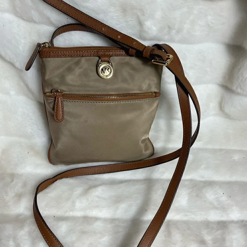 Michael Kors khaki Nylon crossbody bag with brown leather trim &adjustable strap